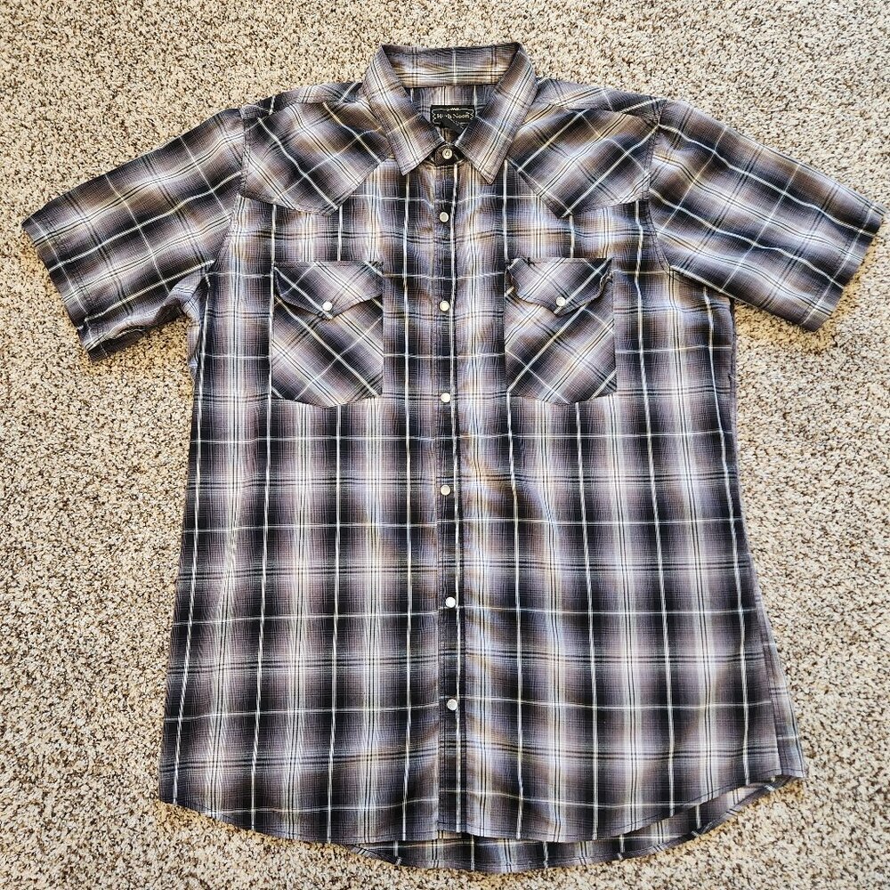 High Noon Mens Pearl Snap Shirt Size XL Gray Plaid Short Sleeves Western Country